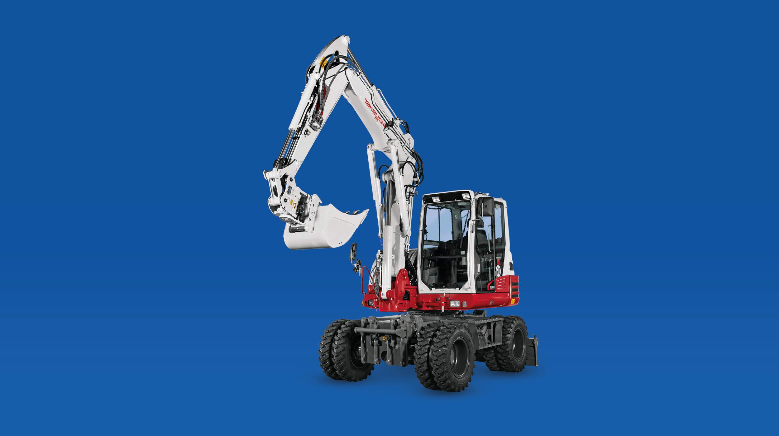 Takeuchi TB295W Mobilbagger in blauem Hintergrund