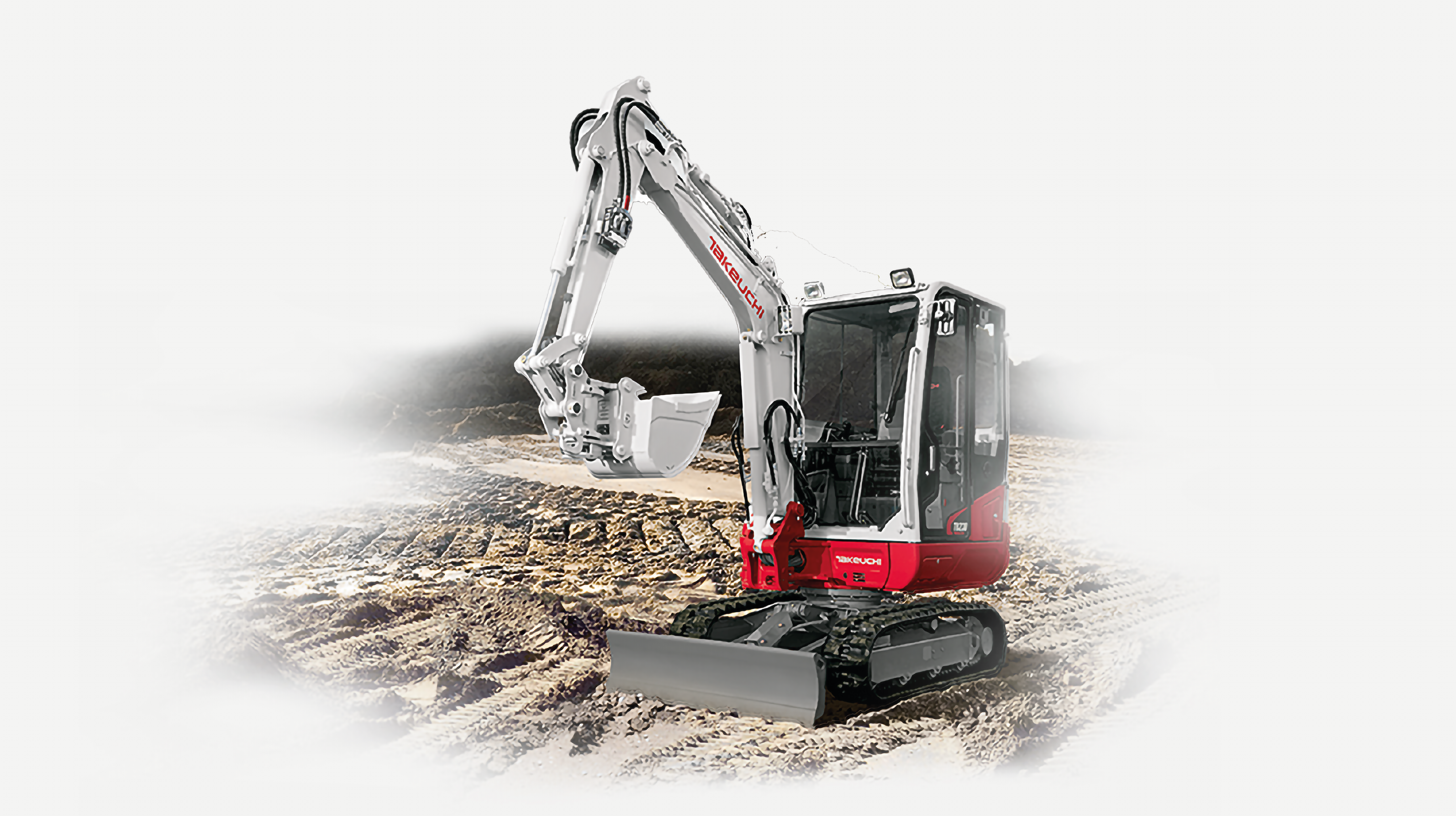 takeuchi TB230 Minibagger in grauem Hintergrund Link zur Vermietungsseite