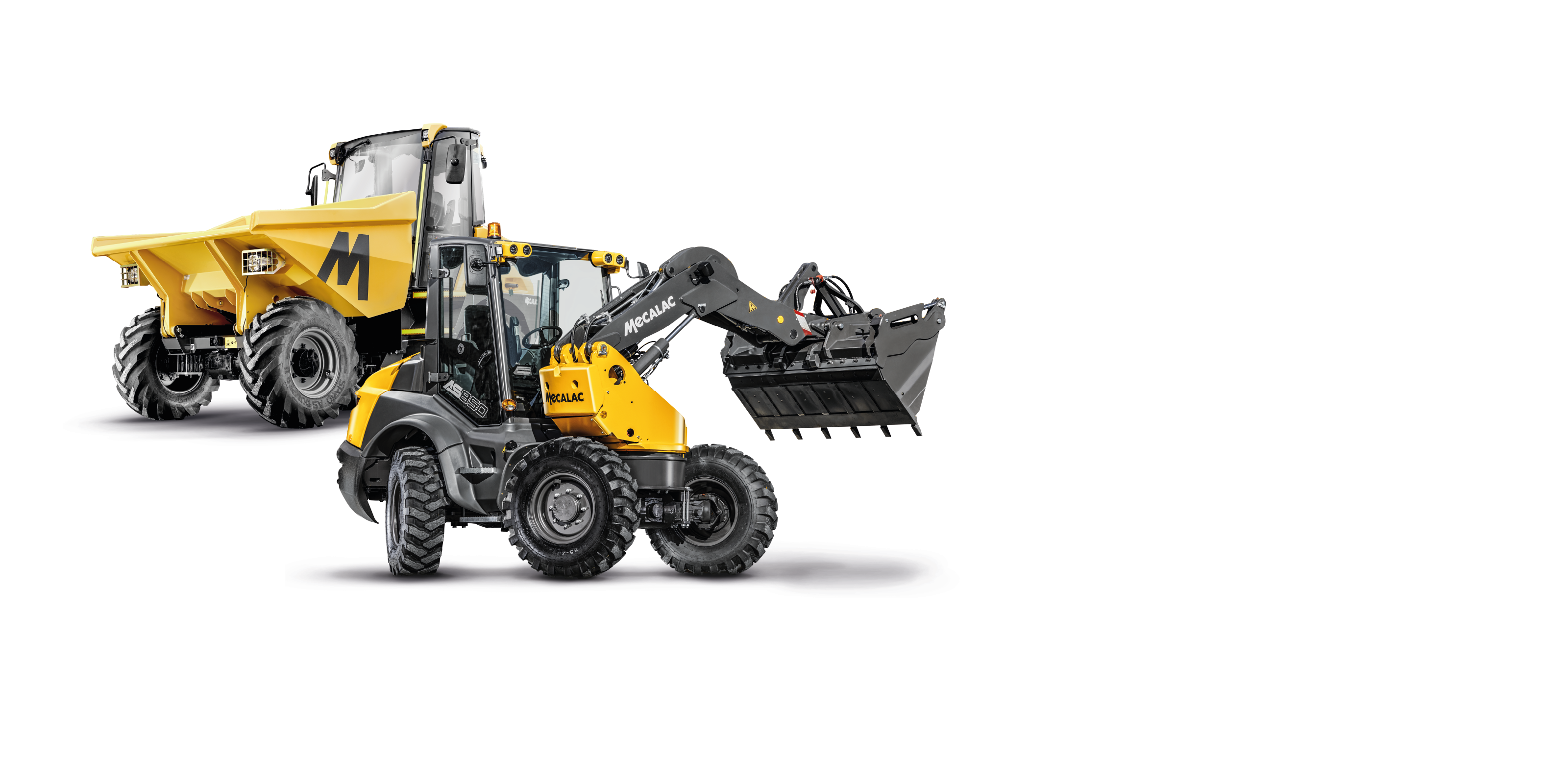 Mecalac Dumper und Schwenklader auf weißen Hintergrund