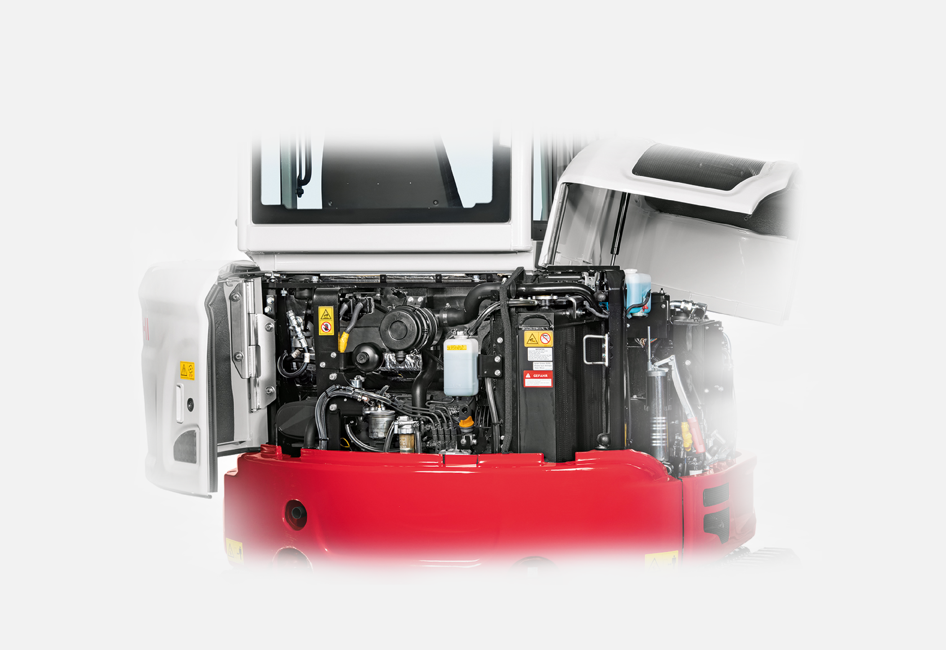 Takeuchi TB335 Kurzheckbagger mit der Motorhaube offen