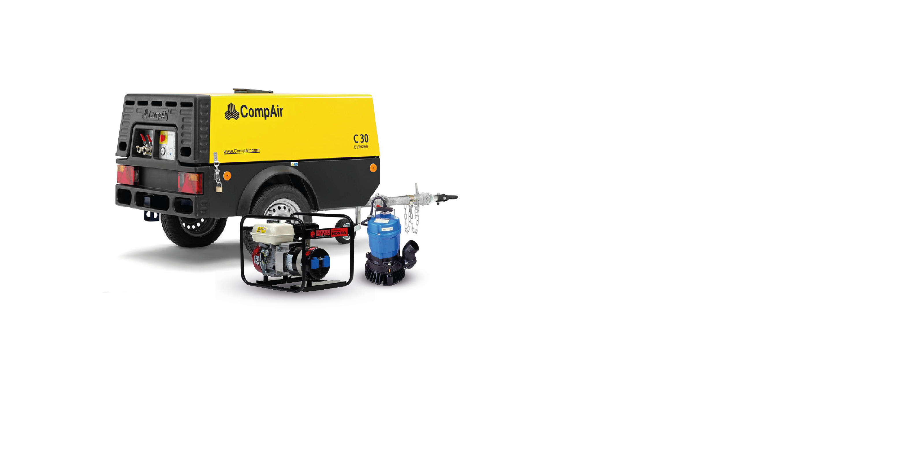 Kompressor Aggregat und Tauchpumpe auf weißem Hintergrund 