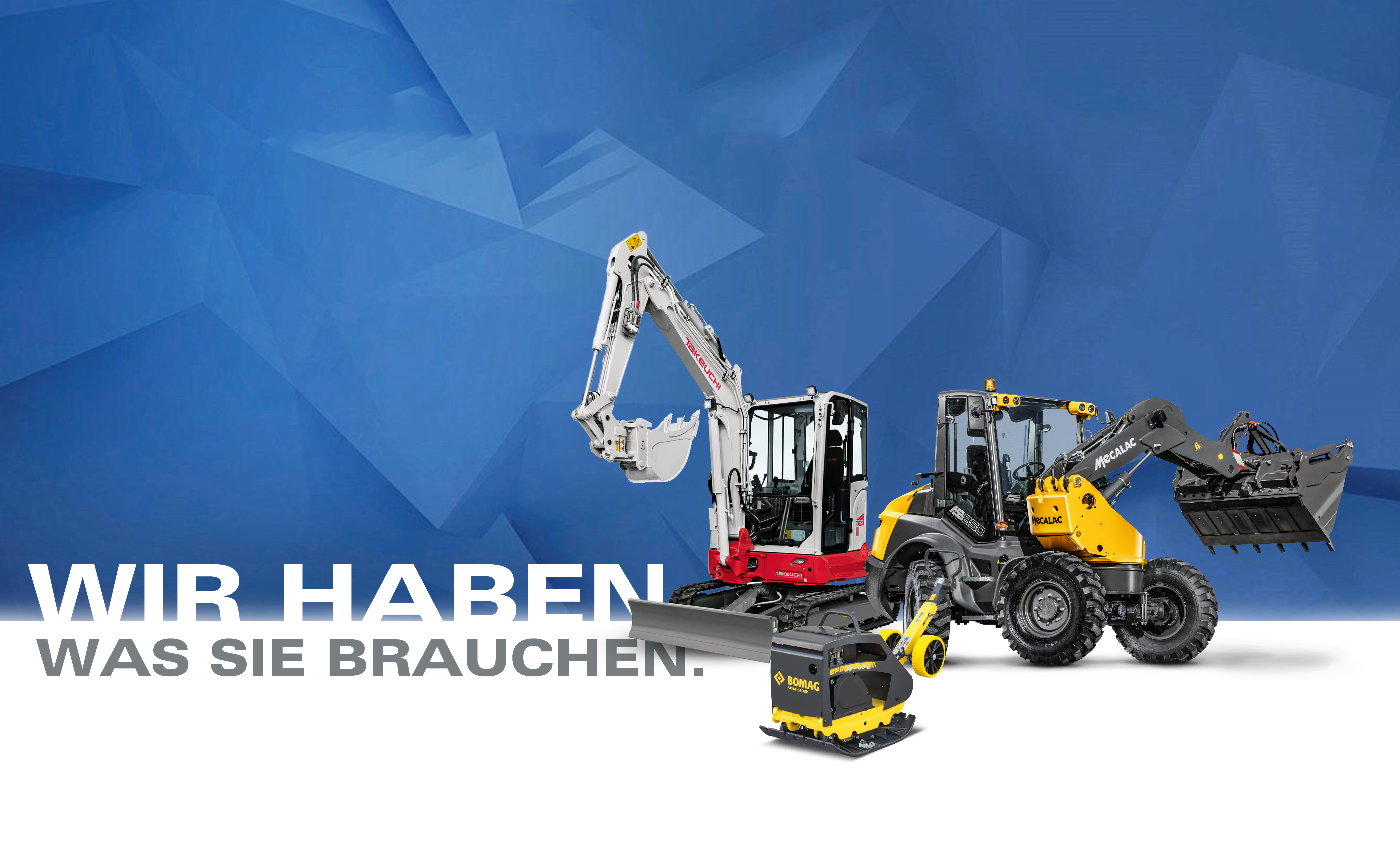 Bagger, Rüttelplatte und Radlader mit blauem HIntergrund