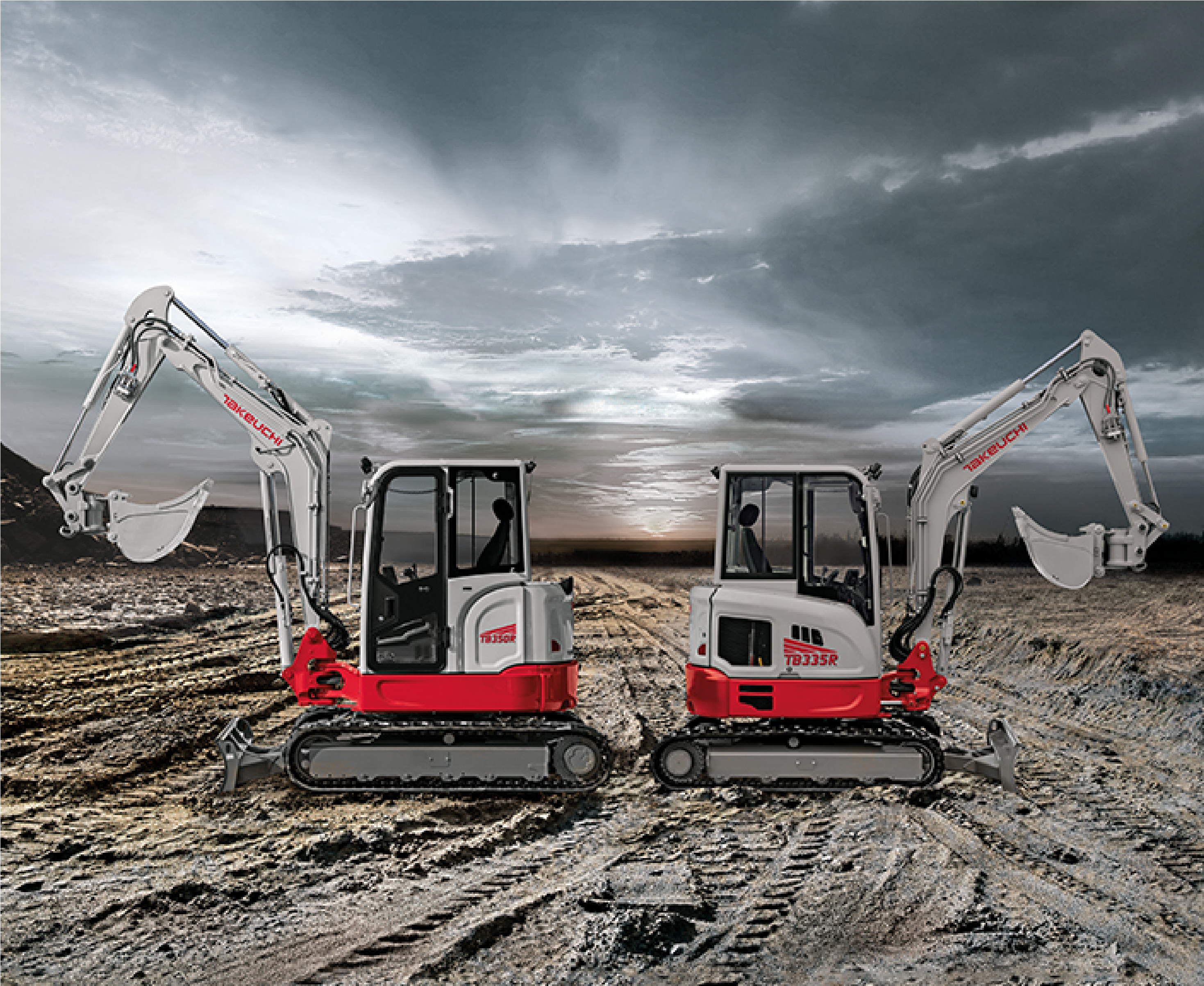 zwei Kurzheckbagger von Takeuchi sthen nebeneinander Link zur Verkaufsseite